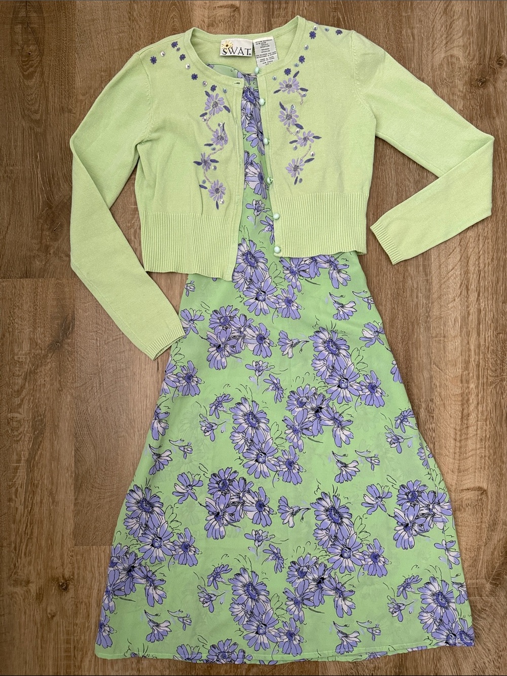 SWAT Lavender Floral Green Maxi Dress with Matching Cardigan, Size 8